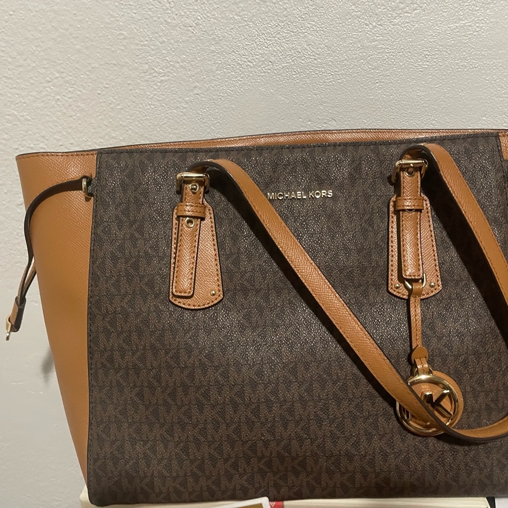 Michael Kors Brown Signature Tote with Tan Trim